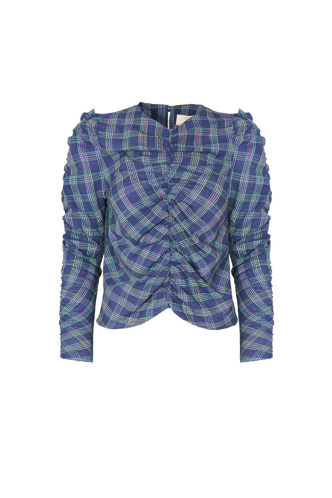 BLUSA FRUNCES CUADROS AZUL