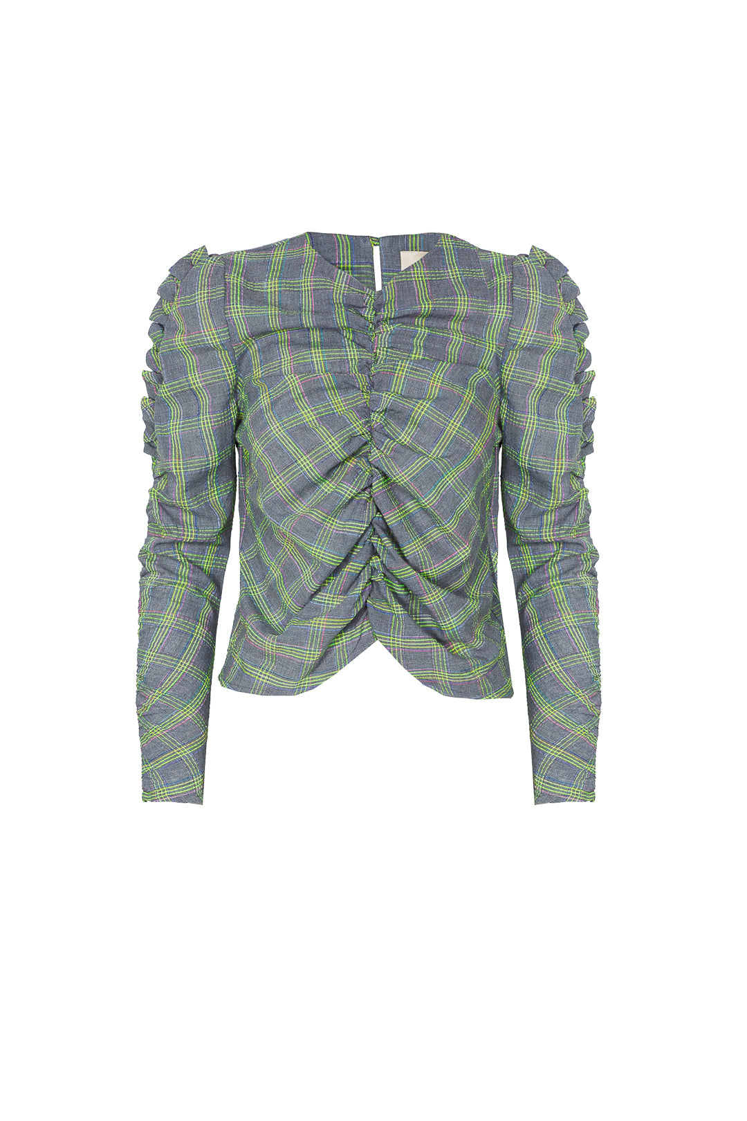 BLUSA FRUNCES CUADROS GRIS